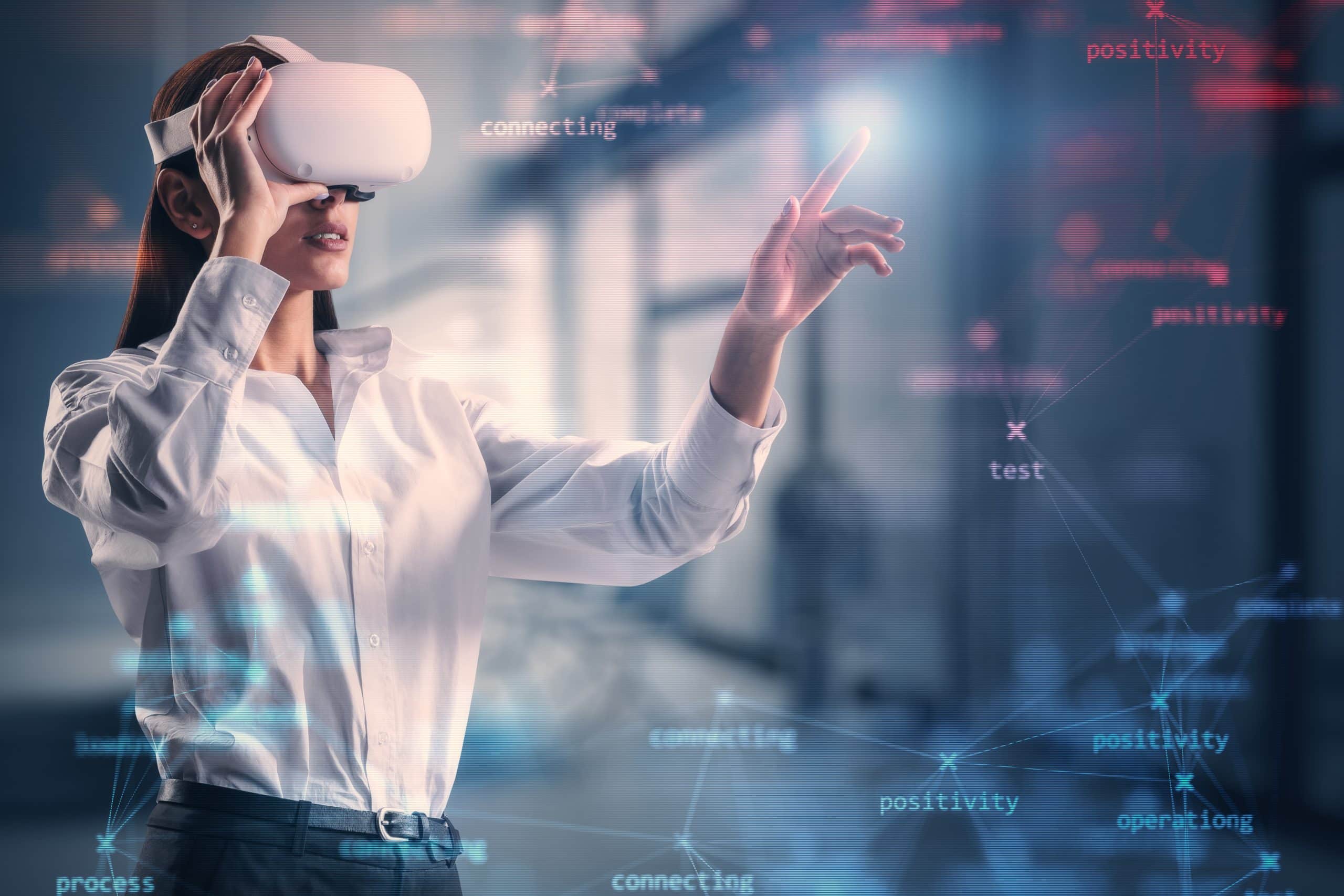 Virtual technology and metaverse concept with young woman in VR headset glasses and digital data screen, double exposure